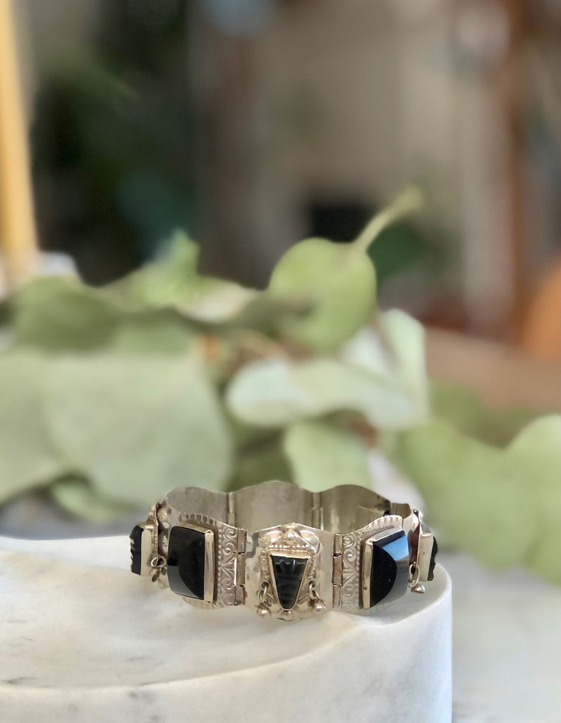 Vintage 1950s Mexican Silver & Onyx Bracelet