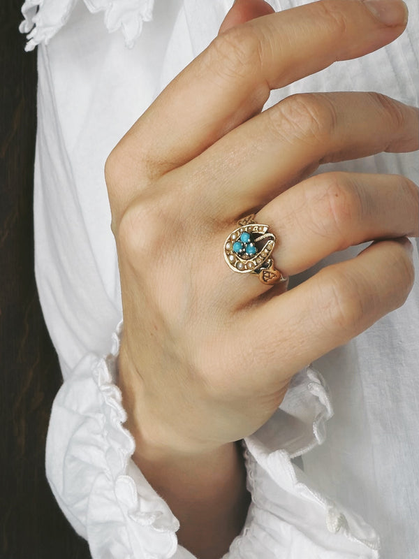 Victorian 14K Turquoise & Seed Pearl Ring