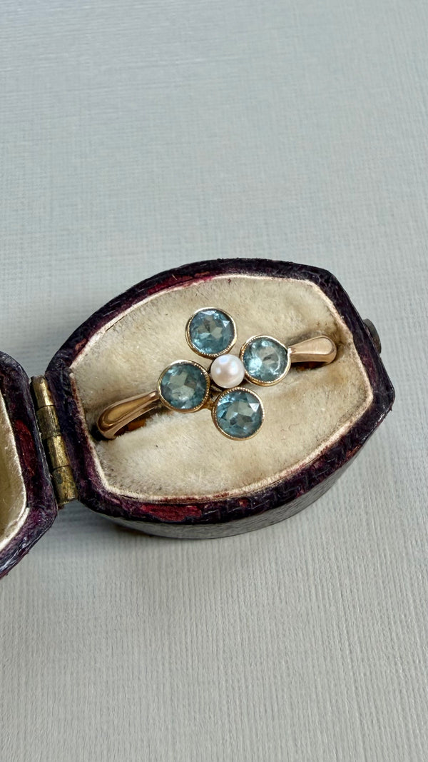 Antique 15K Aquamarine & Pearl Ring
