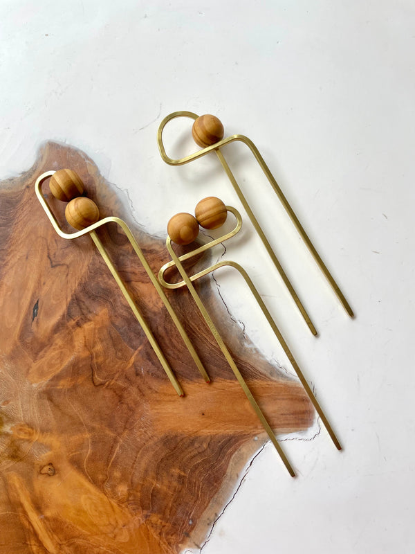 Brass & Wood Hair Forks