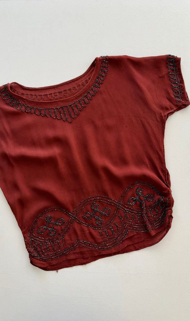 Oxblood Silk Beaded Top | 1920s