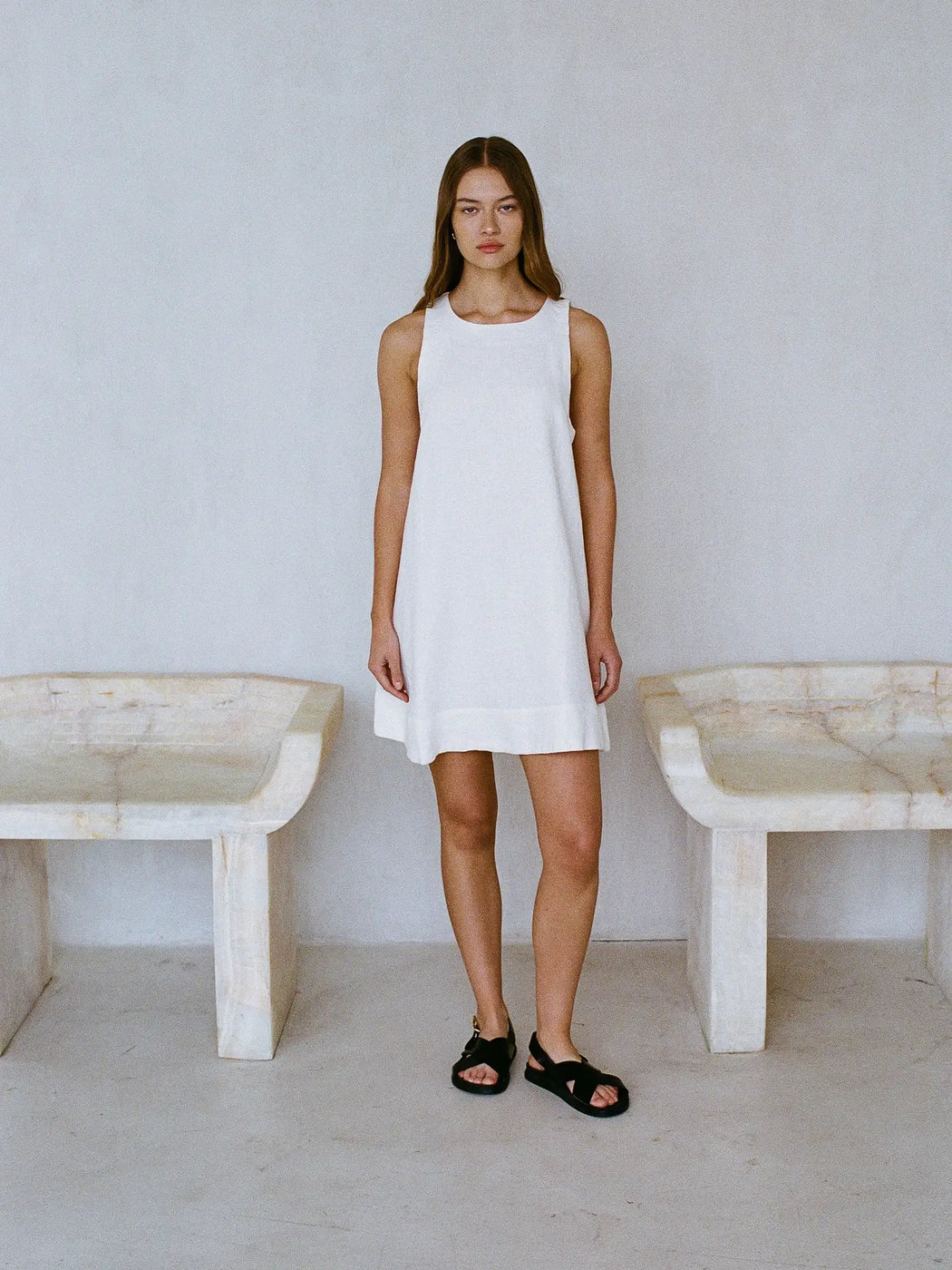 Chalk White Linen Mini Dress DEAR GOLDEN Chalk White Linen Mini Dress DEAR GOLDEN